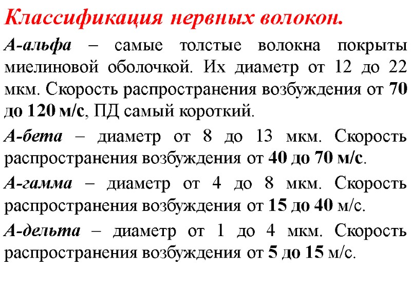 Классификация нервных волокон. А-альфа – самые толстые волокна покрыты миелиновой оболочкой. Их диаметр от